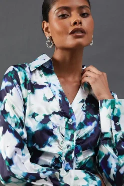 Floral Satin Ruched Front Midi Shirt Dress
