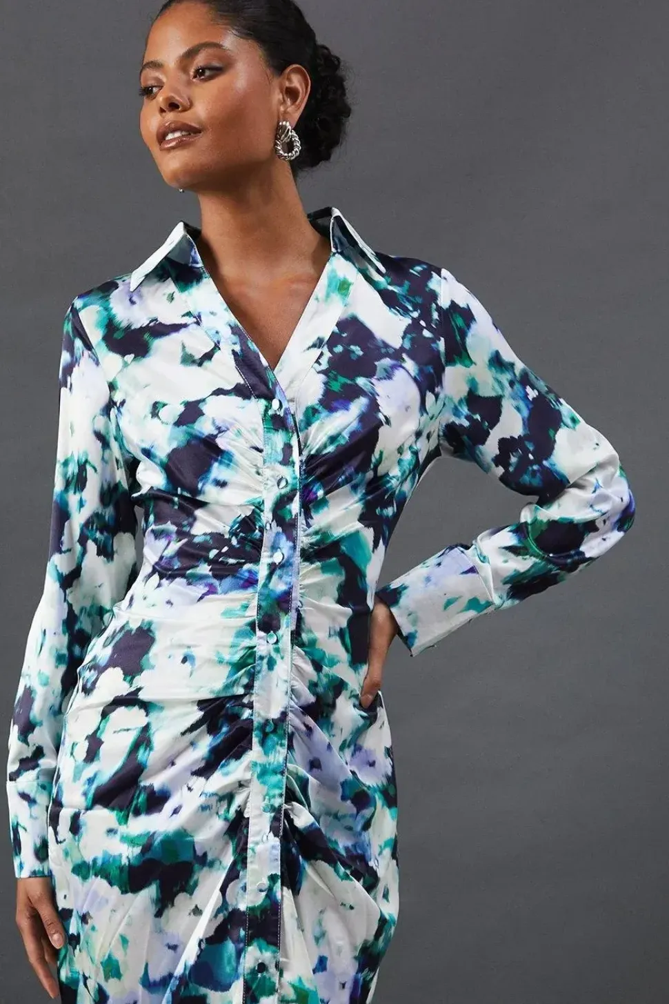 Floral Satin Ruched Front Midi Shirt Dress