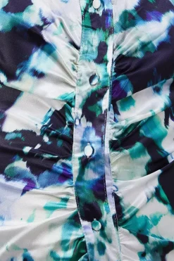 Floral Satin Ruched Front Midi Shirt Dress