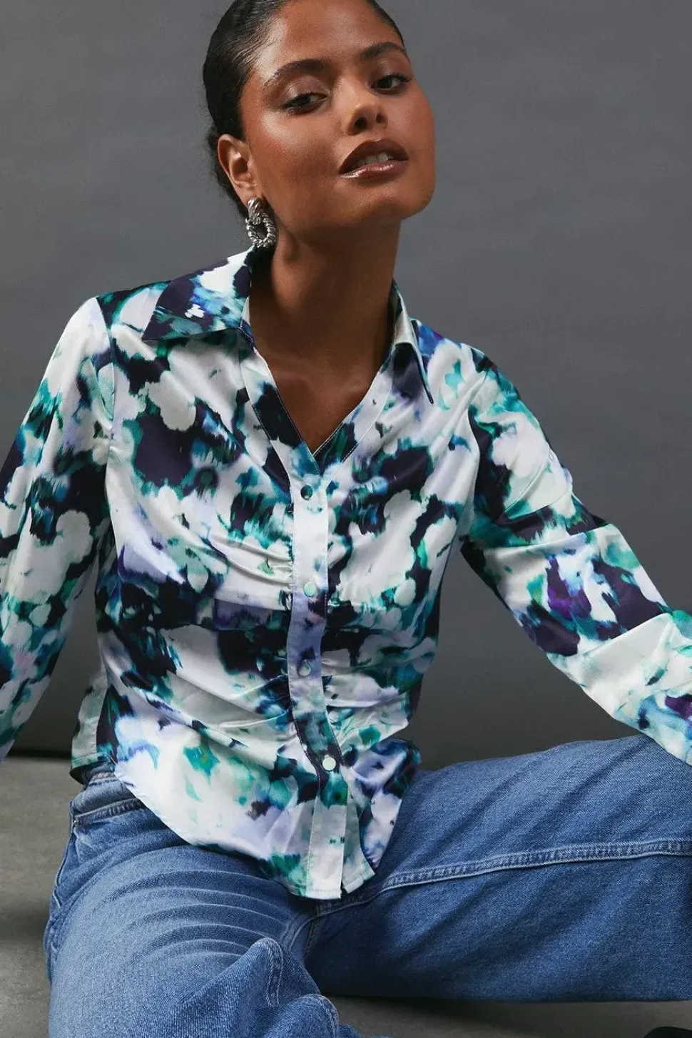 Floral Satin Ruched Front Shirt