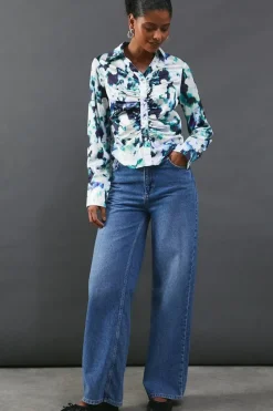 Floral Satin Ruched Front Shirt