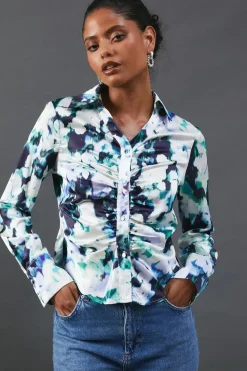 Floral Satin Ruched Front Shirt