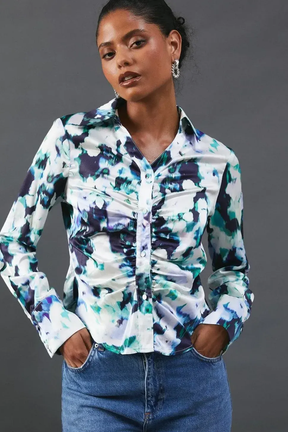 Floral Satin Ruched Front Shirt