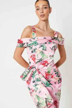 Floral Satin Ruched Pencil Dress