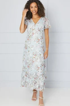 Floral Satin Ruffle Hem Midaxi Dress