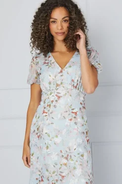 Floral Satin Ruffle Hem Midaxi Dress