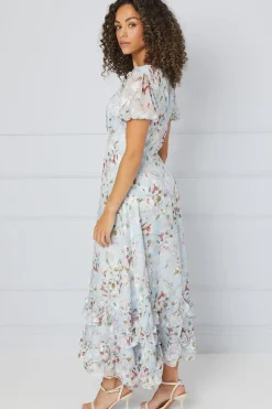 Floral Satin Ruffle Hem Midaxi Dress