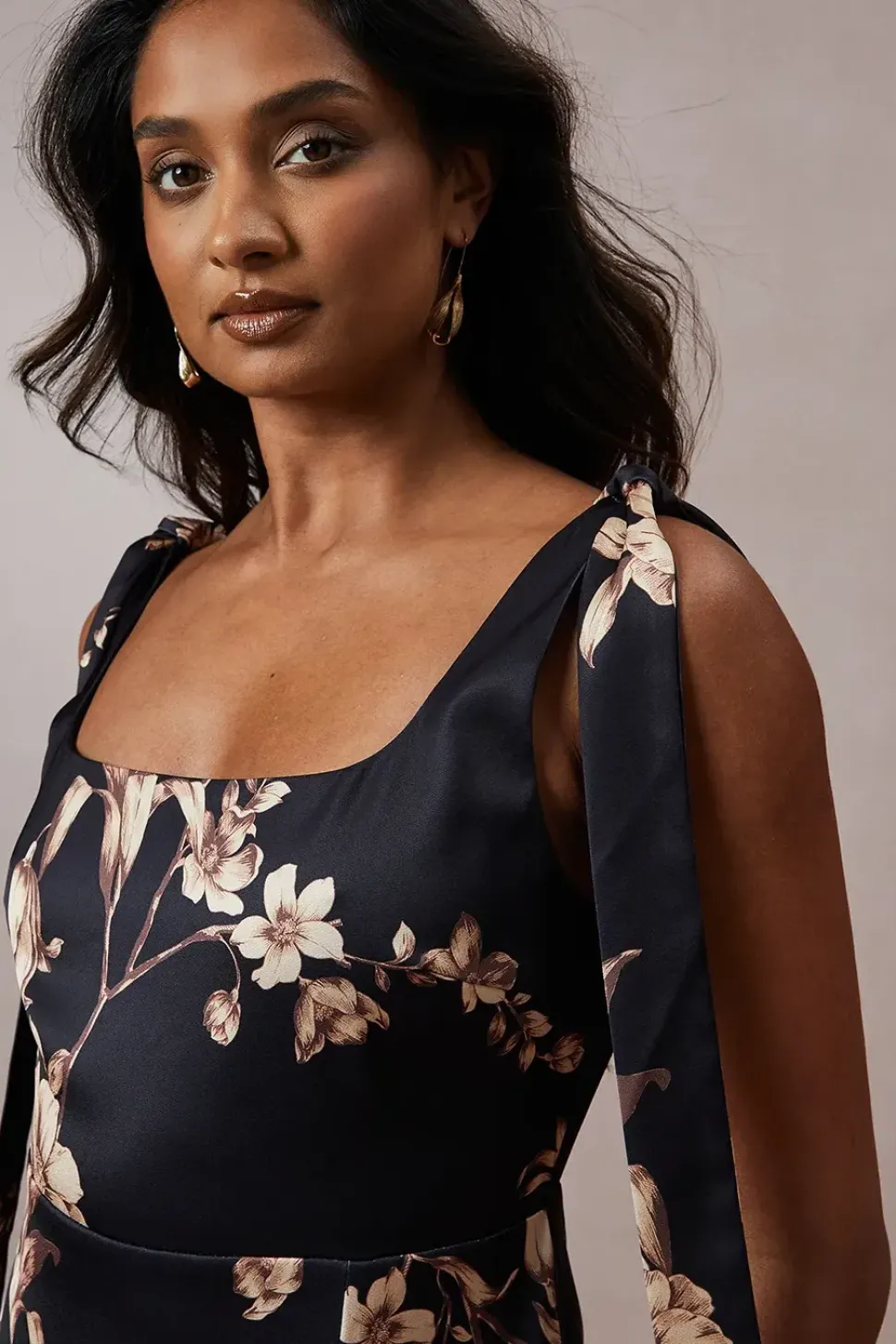 Floral Satin Tie Shoulder Maxi Dress