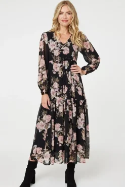 Floral Semi Sheer Empire Waist Midi Dress