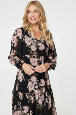 Floral Semi Sheer Empire Waist Midi Dress