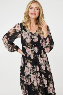 Floral Semi Sheer Empire Waist Midi Dress