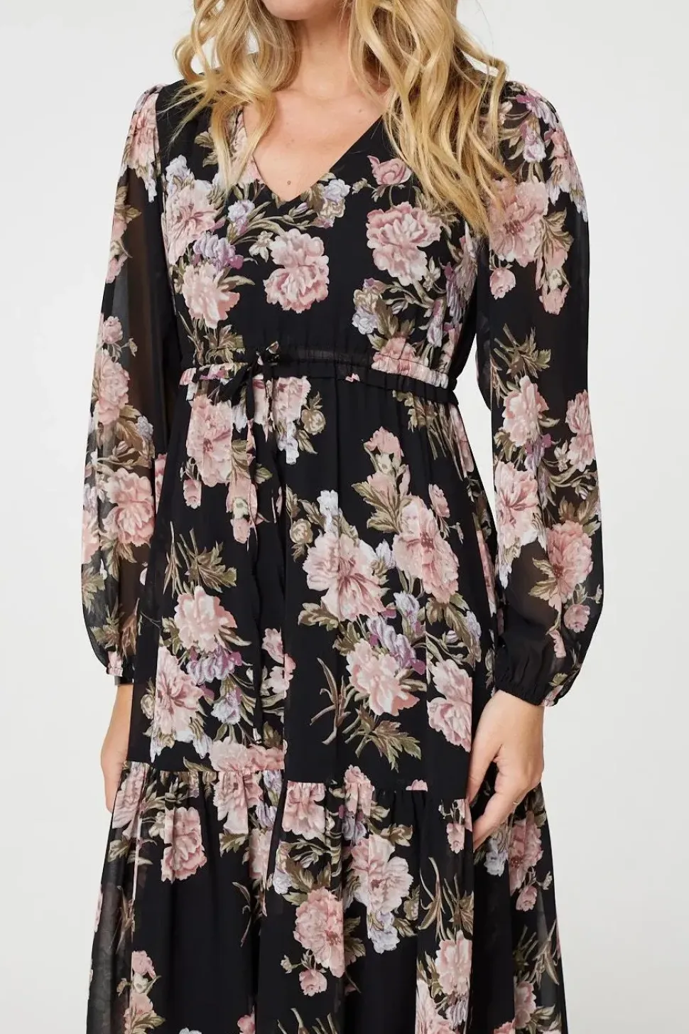 Floral Semi Sheer Empire Waist Midi Dress