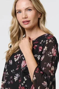 Floral Semi Sheer Hanky Hem Blouse
