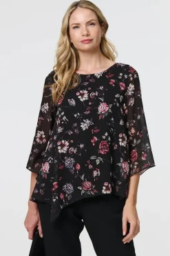 Floral Semi Sheer Hanky Hem Blouse
