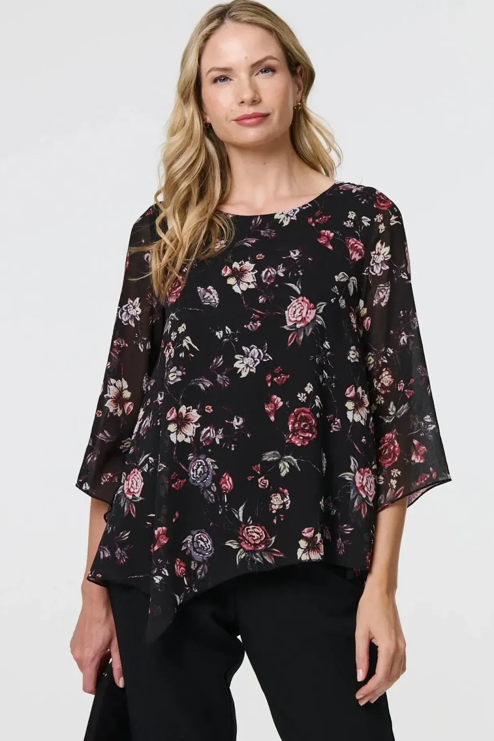 Floral Semi Sheer Hanky Hem Blouse