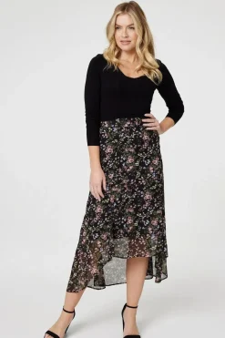 Floral Semi Sheer High Low Skirt