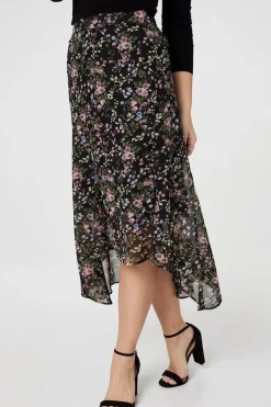 Floral Semi Sheer High Low Skirt