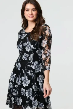 Floral Semi Sheer Lace Layer Short Dress