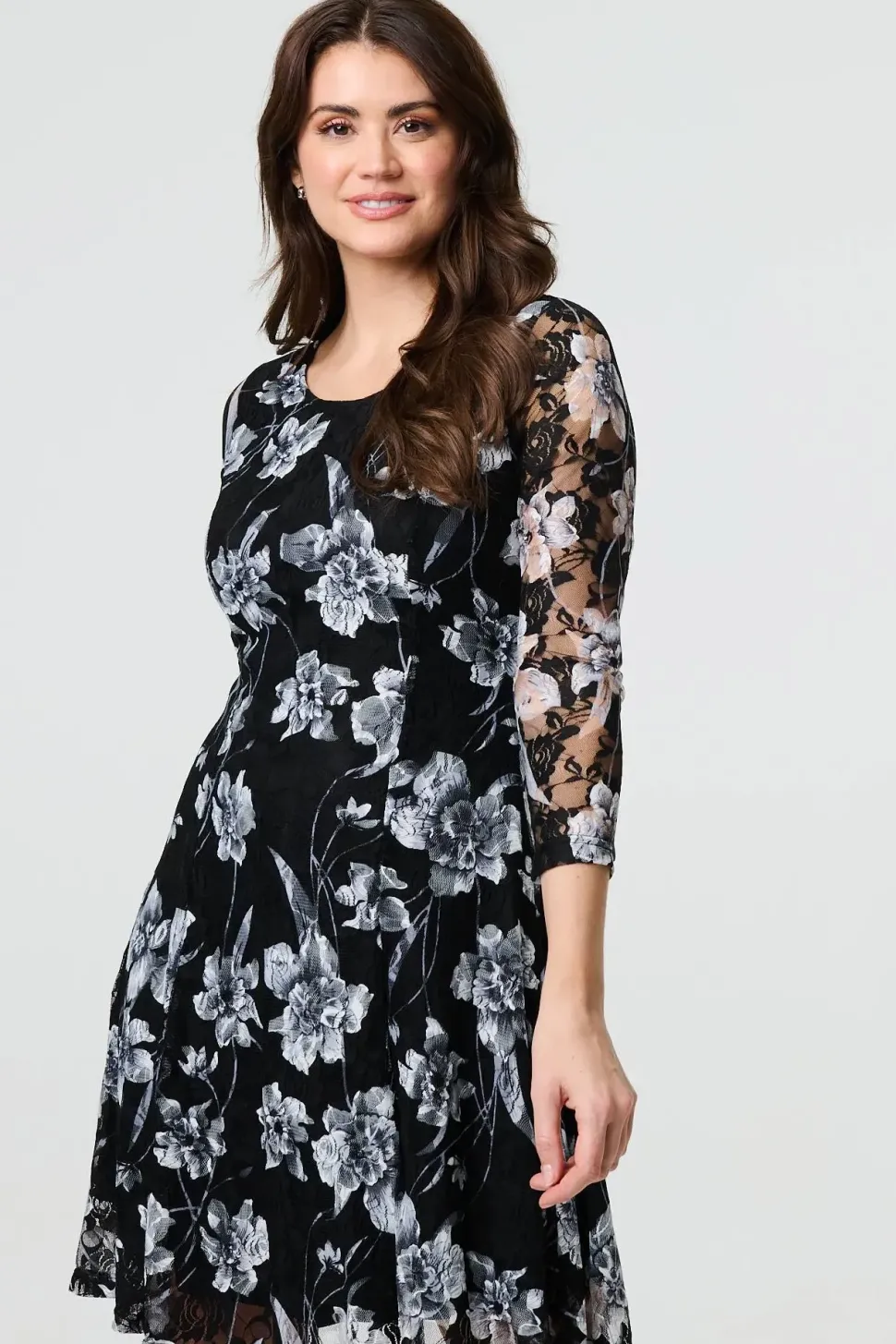 Floral Semi Sheer Lace Layer Short Dress