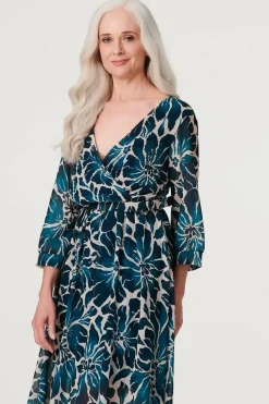 Floral Semi Sheer V-Neck Midi Dress