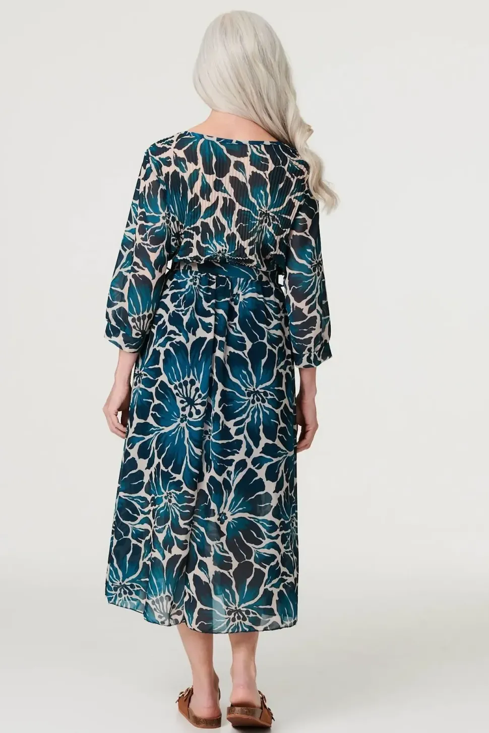 Floral Semi Sheer V-Neck Midi Dress