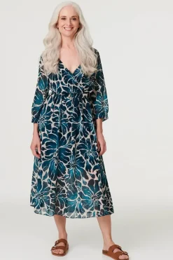 Floral Semi Sheer V-Neck Midi Dress