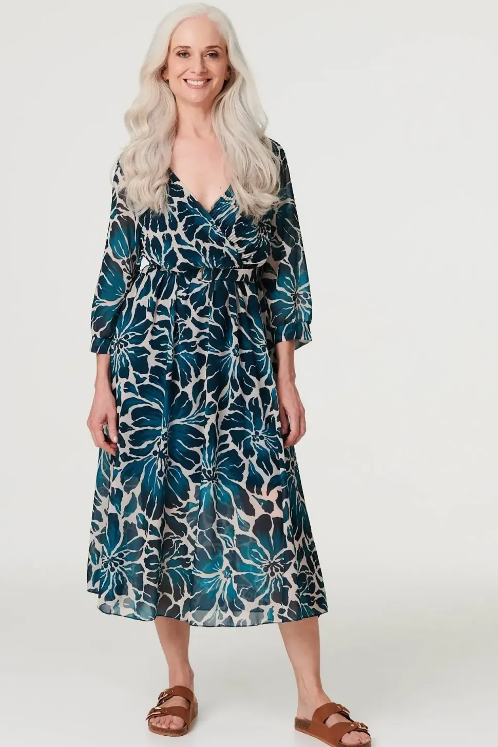 Floral Semi Sheer V-Neck Midi Dress