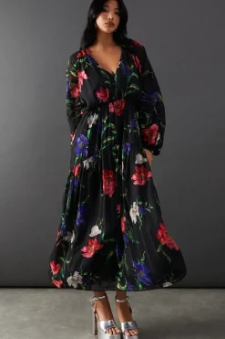 Floral Shadow Stripe Chiffon Plunge Neck Tier Midi Dress