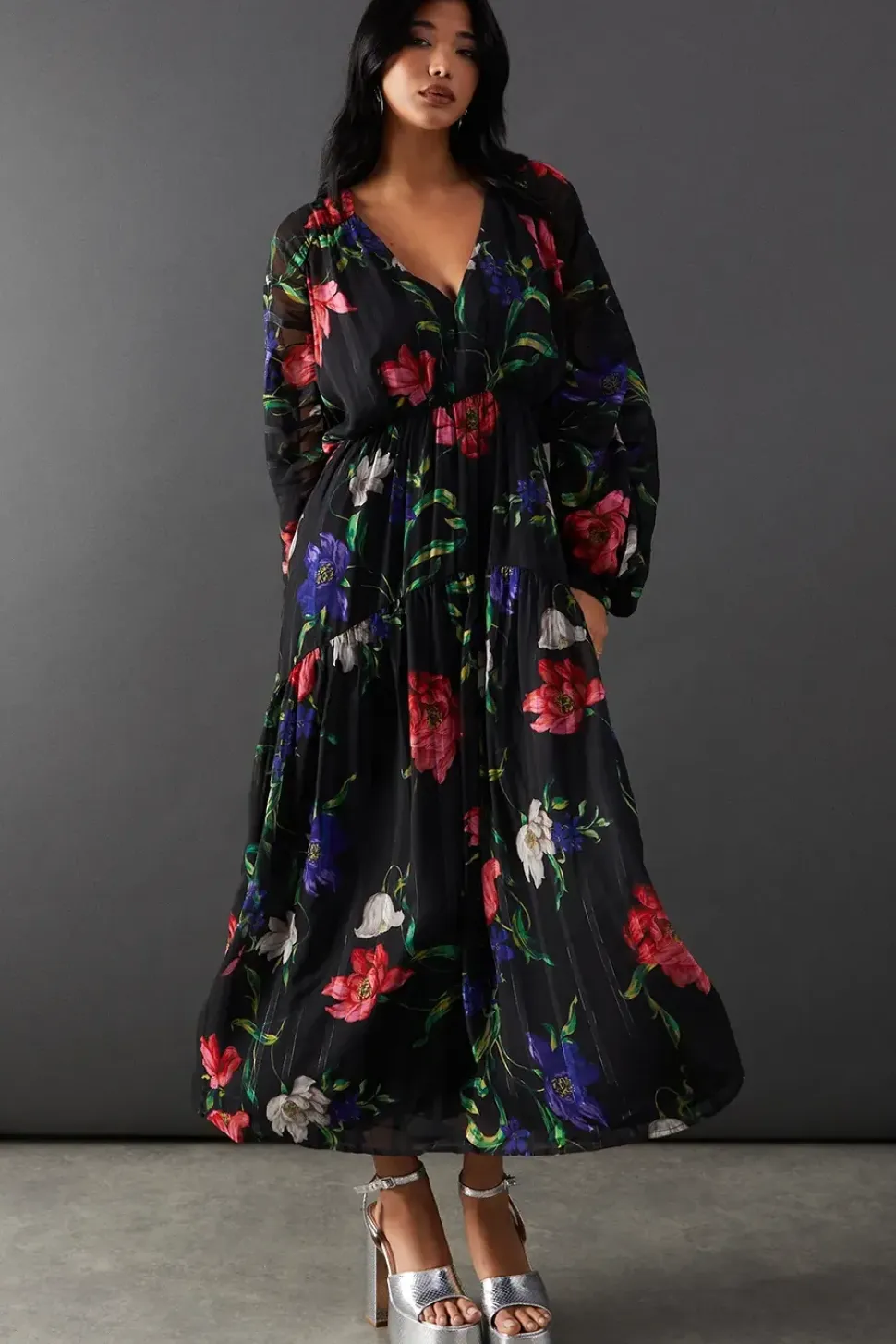 Floral Shadow Stripe Chiffon Plunge Neck Tier Midi Dress