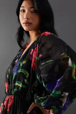 Floral Shadow Stripe Chiffon Plunge Neck Tier Midi Dress