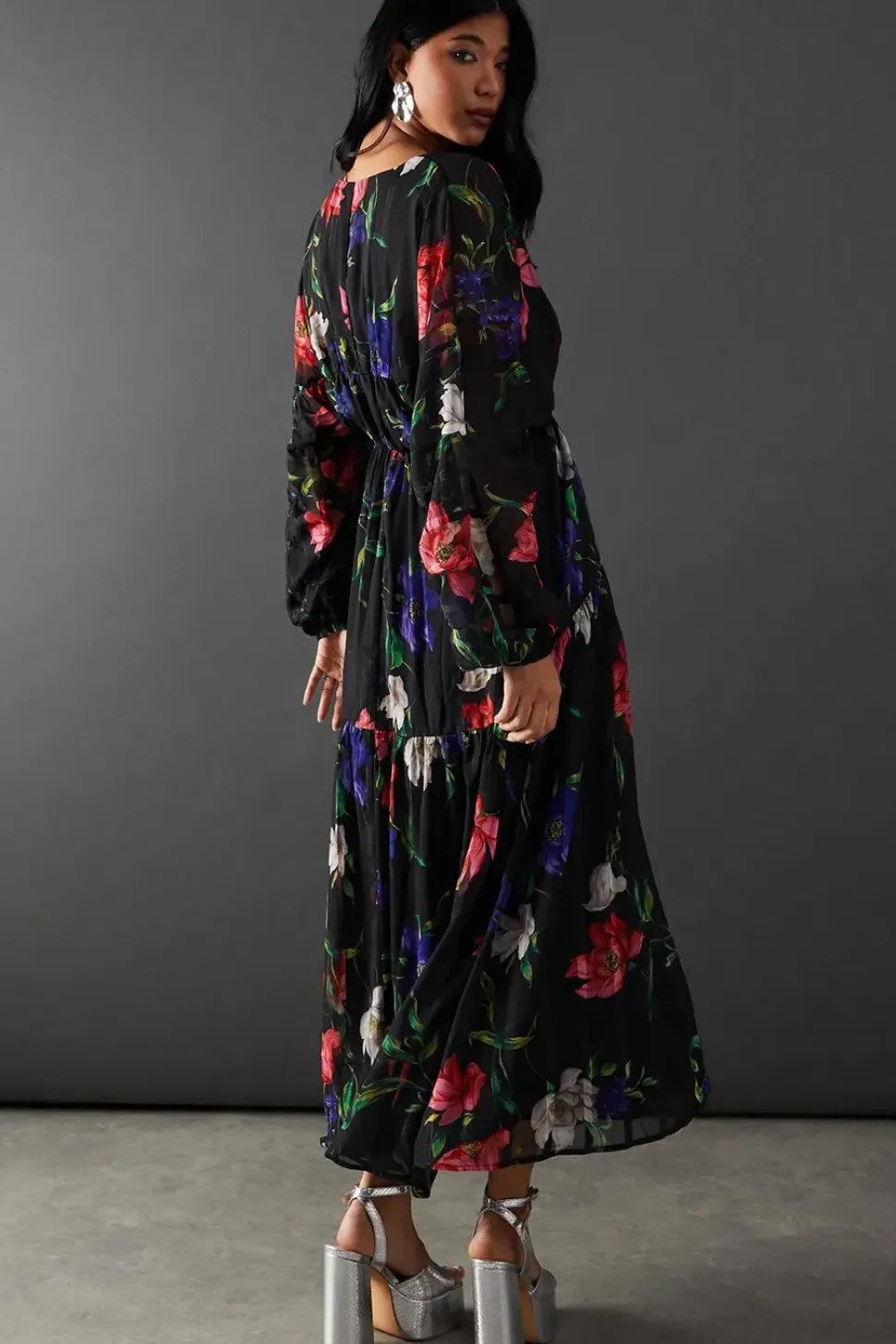 Floral Shadow Stripe Chiffon Plunge Neck Tier Midi Dress