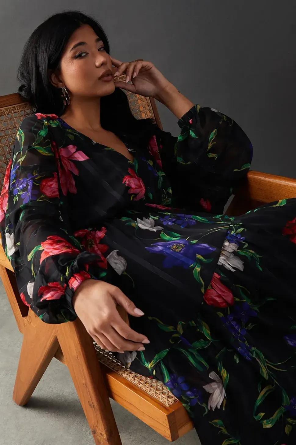Floral Shadow Stripe Chiffon Plunge Neck Tier Midi Dress