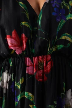 Floral Shadow Stripe Chiffon Plunge Neck Tier Midi Dress