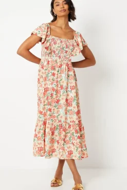 Floral Shirred Bodice Ruffle Sleeve Midi Dress