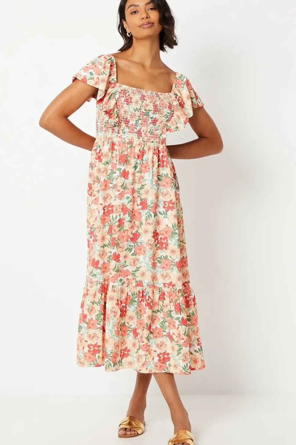 Floral Shirred Bodice Ruffle Sleeve Midi Dress