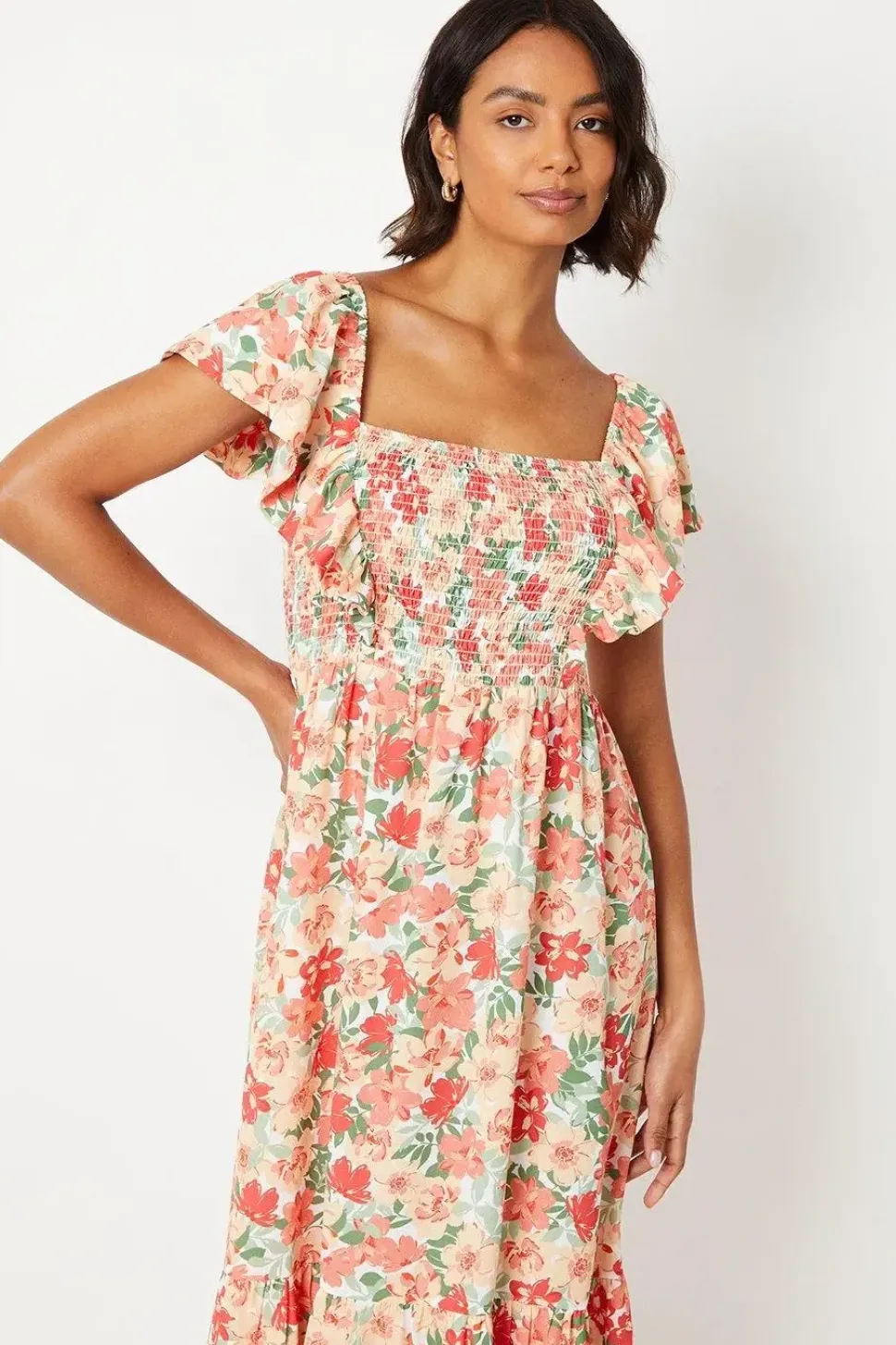 Floral Shirred Bodice Ruffle Sleeve Midi Dress
