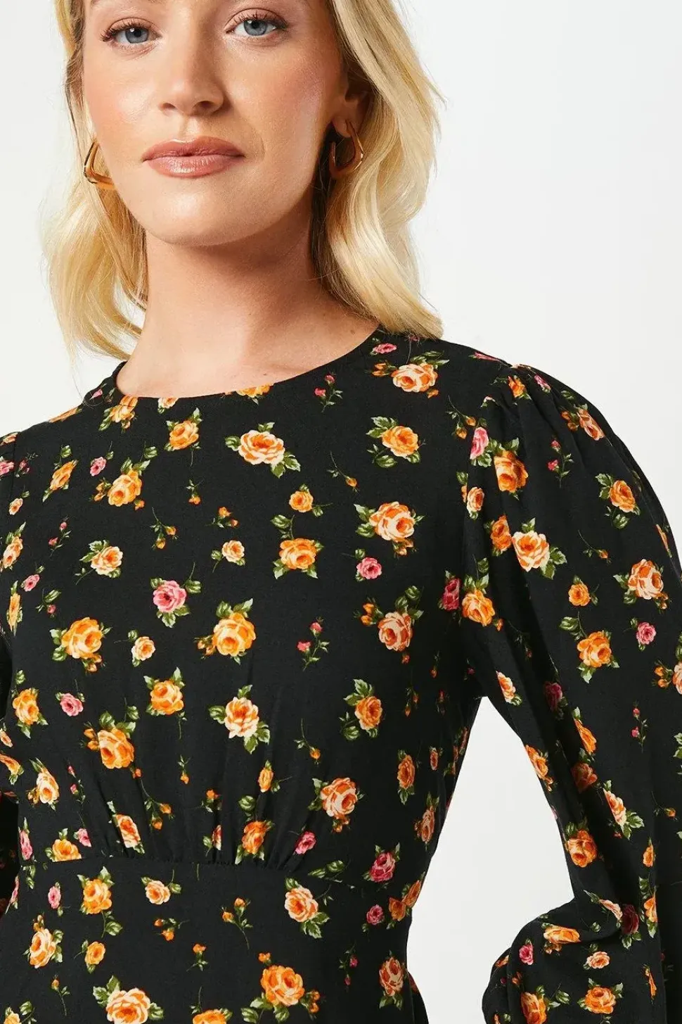 Floral Shirred Cuff Midi Dress