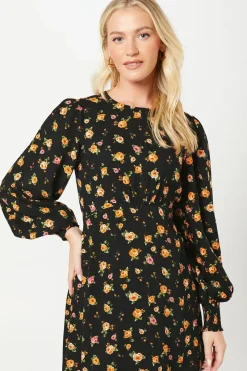 Floral Shirred Cuff Midi Dress