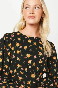 Floral Shirred Cuff Mini Dress
