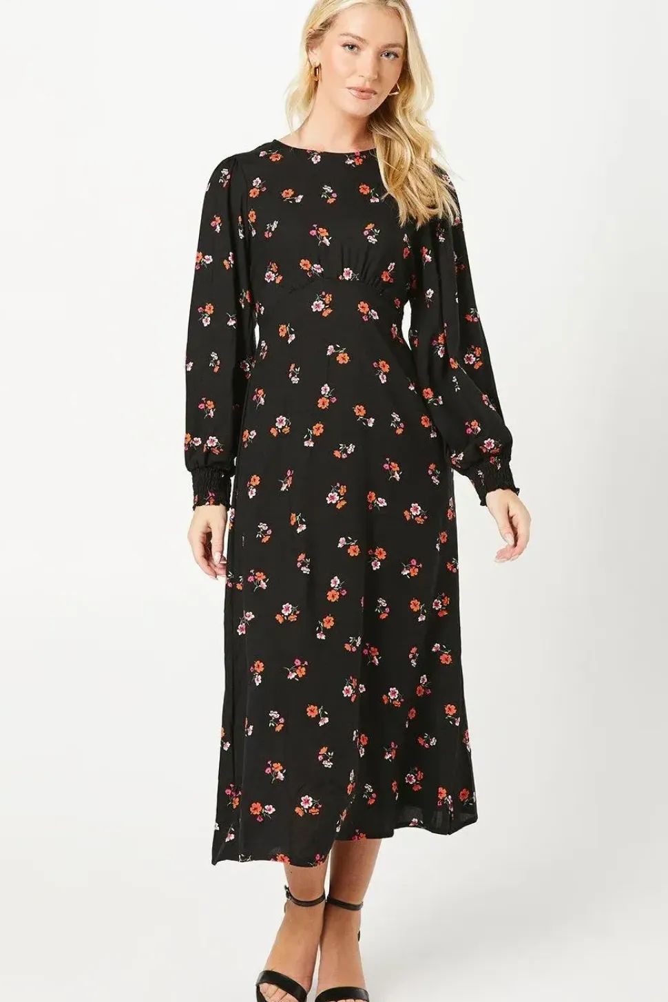 Floral Shirred Cuff ¾ Sleeve Midi Dress