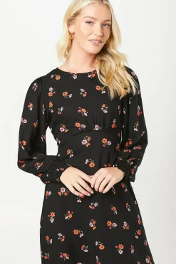 Floral Shirred Cuff ¾ Sleeve Midi Dress