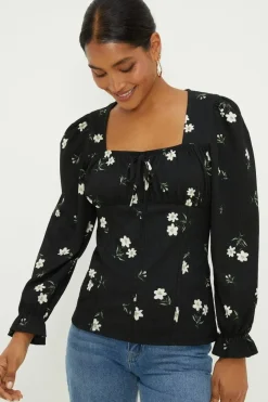 Floral Shirred Cuff Textured Long Sleeve Top