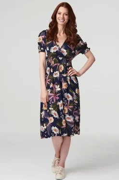 Floral Shirred Detail Midi Dress