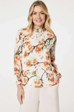 Floral Shirred High Neck Blouse