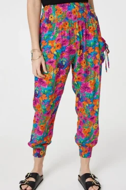 Floral Shirred High Waist Harem Pants