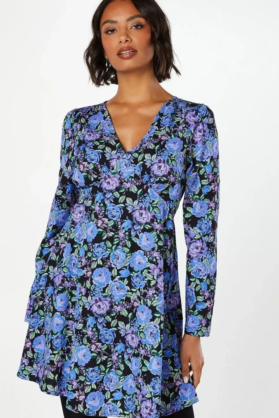 Floral Shirred Shoulder Empire Long Sleeve Mini Dress