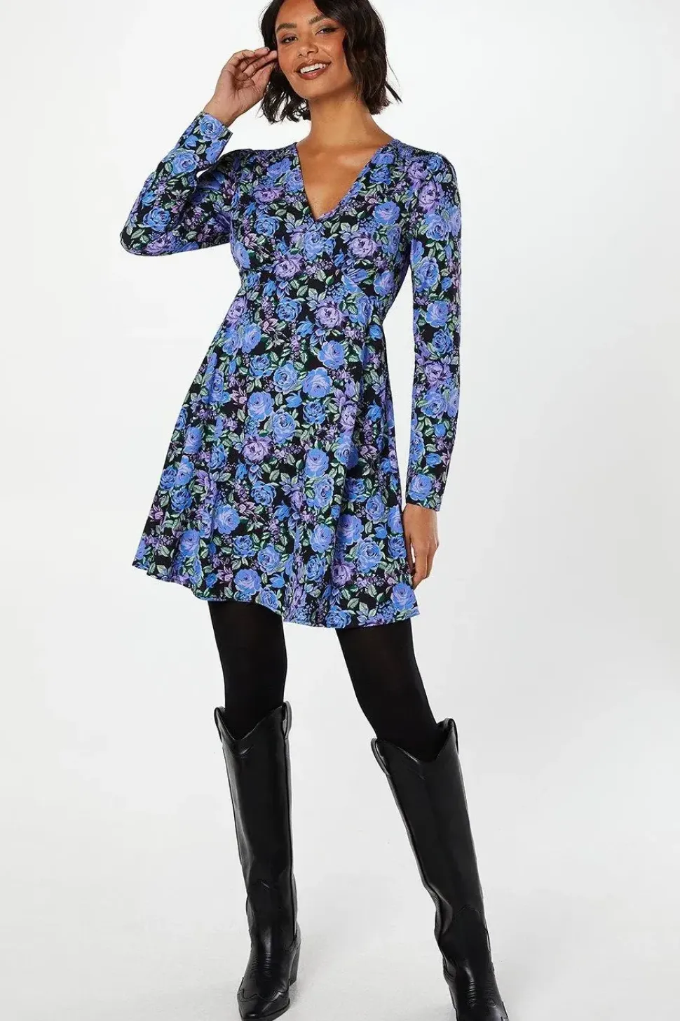 Floral Shirred Shoulder Empire Long Sleeve Mini Dress