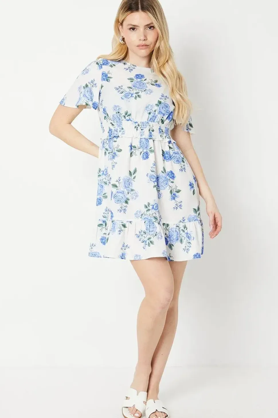 Floral Shirred Waist Angel Sleeve Mini Dress