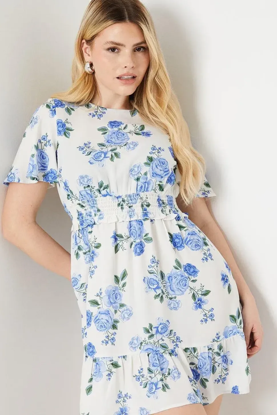 Floral Shirred Waist Angel Sleeve Mini Dress