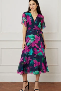 Floral Silk Mix Wrap Midi Dress